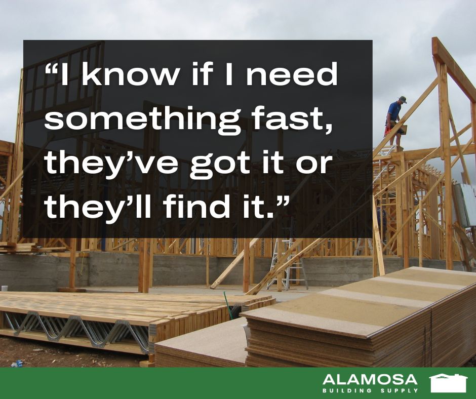 Reliable Product Availability That Keeps Projects Moving House being build with a customer testimonial over it.